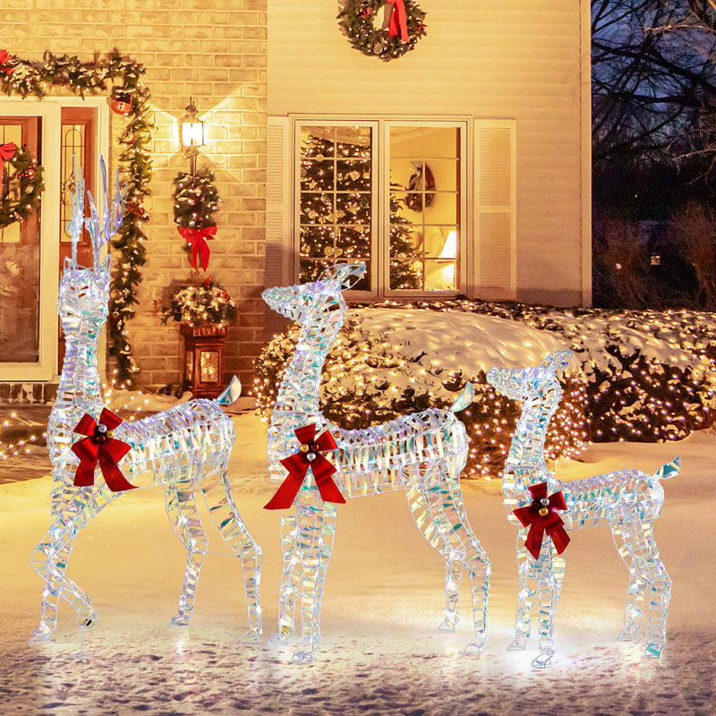  Grande famille de rennes de Noël 3 lumières avec lumières DEL et boucles 