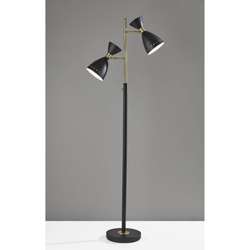 Two Light Brass Cinch Floor Lamp in Black Metal Two Light Brass Cinch Floor Lamp in Black Metal