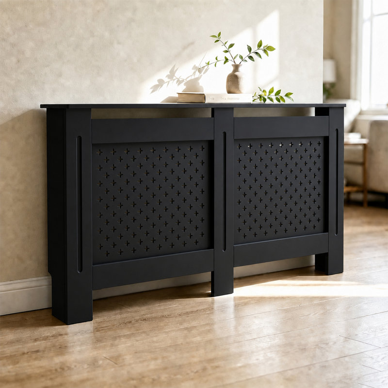 Couvercle de radiateur en panneau de fibres à densité moyenne, armoire chauffante décorative à panneau avant perforé avec tablette supérieure multifonctionnelle, enceinte de chauffage intérieure facile à assembler