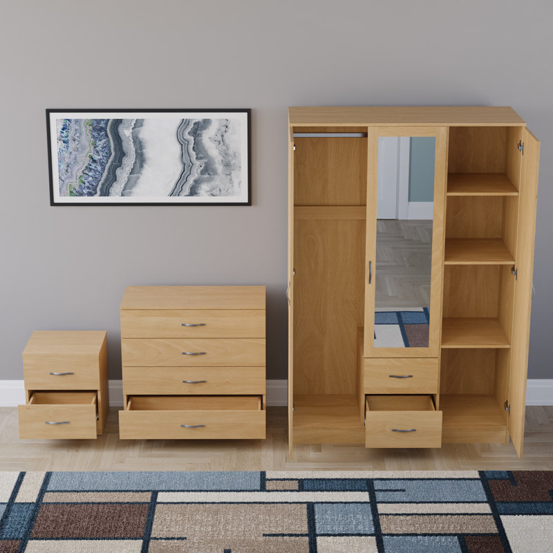 Maybery 3 Piece Bedroom Set (2 Drawer Bedside Chest, 4 Drawer Chest, 3 Door 2 Drawer Mirrored Wardrobe), (5), Pine