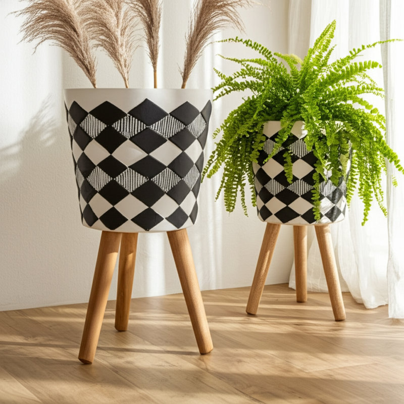 Balmorhea Resin and Wood Planters with Ribbed Design and Magnesia Construction, Set of 2, 12" H x 12" W x 12" D, White/Black