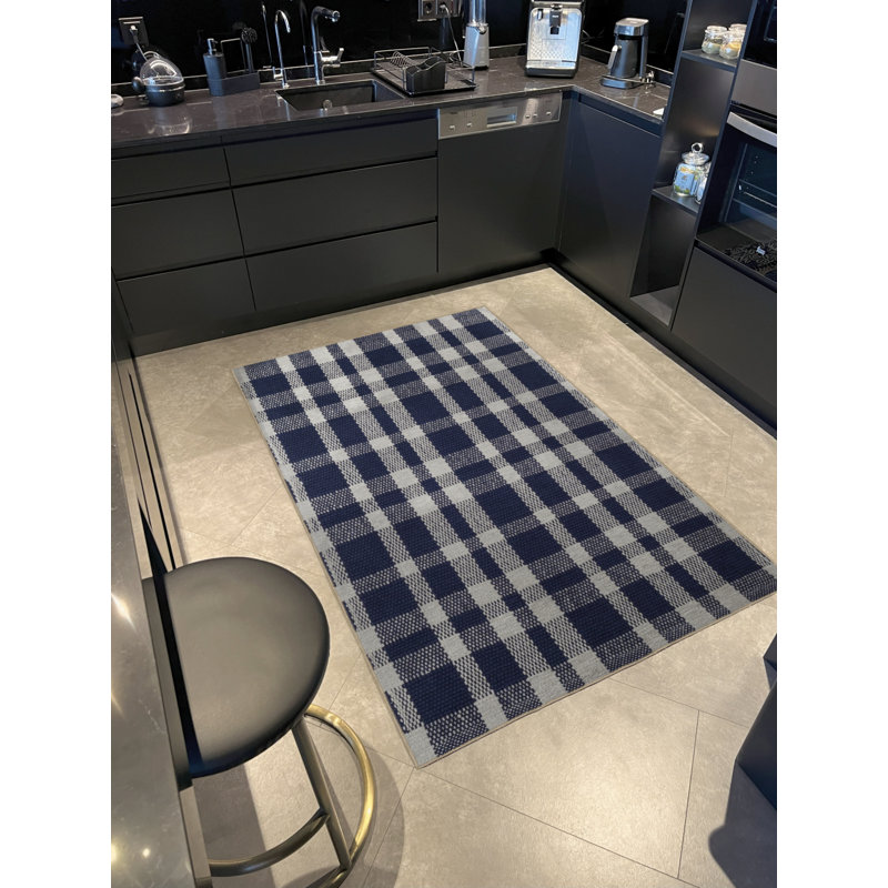 Tapis décoratif moderne à motif géométrique carré bleu et beige, Rectangle 2 pi 8 po x 5 pi