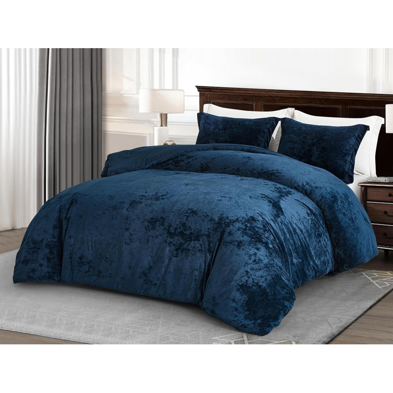 Lux Distressed Velvet Reversible Comforter Set, Queen Comforter + 2 Standard Shams, Navy Blue