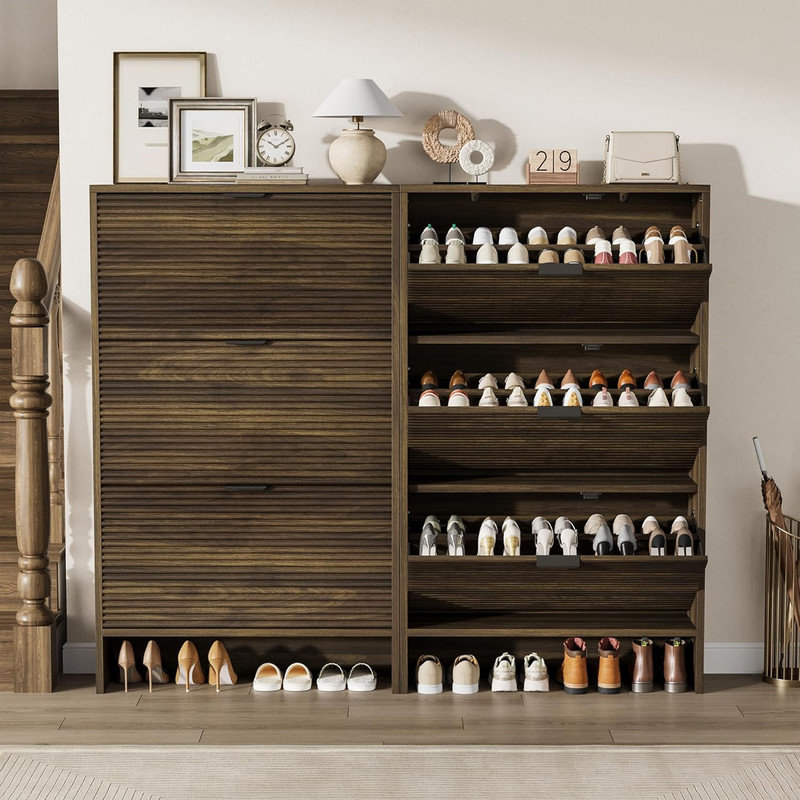 Armoire à chaussures pour le vestibule, armoire à chaussures cannelée avec 3 portes à tiroir rabattable, support caché de 32 po de largeur pour le couloir