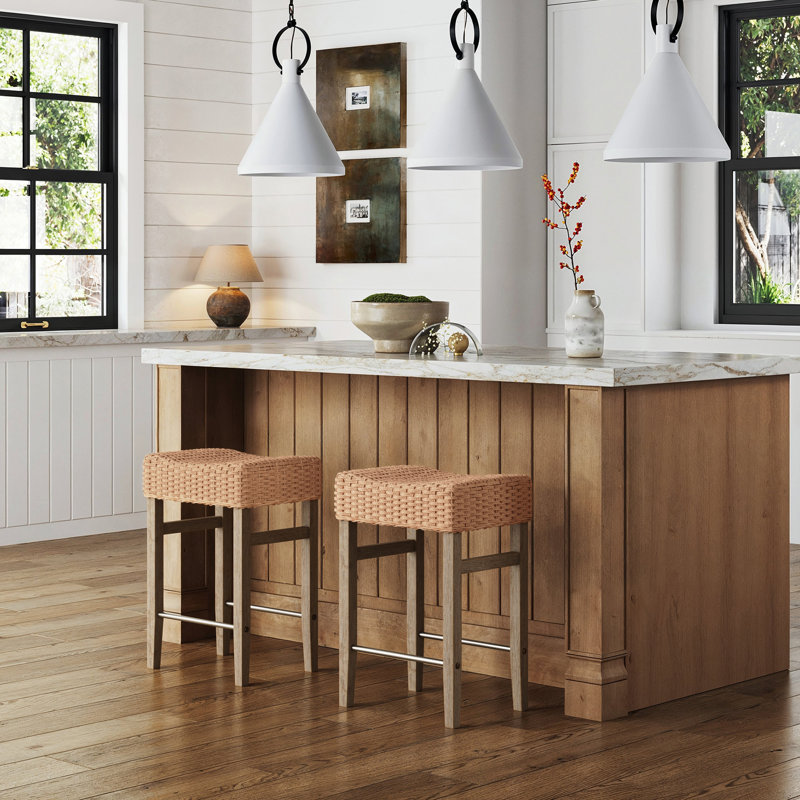 Harvey Rattan Bar Stool, Bohemian Counter Height Stool With Woven Seagrass Seat, Solid Wood Legs, And Metal Footrest Seagrass