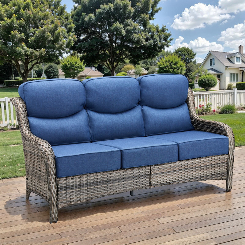 Wickes Patio Outdoor PE Wicker Sofa With 6" Thickness Cushions, Gray, Blue