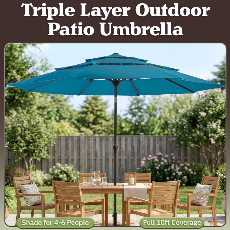 10 ft Patio Umbrella - 3-Tiered Sunshade with Push Button Tilt and Easy-Open Crank - Outdoor Umbrella for Deck, Yard, or Pool by Pure Garden (Teal)