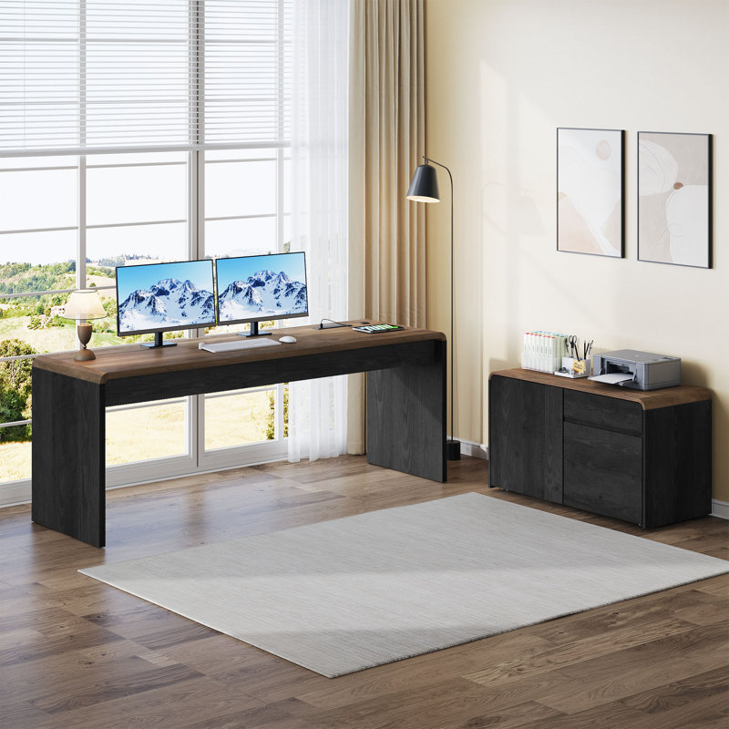 Bureau de direction en forme de L de 78,7 pouces avec armoire de rangement amovible, Brun / Noir