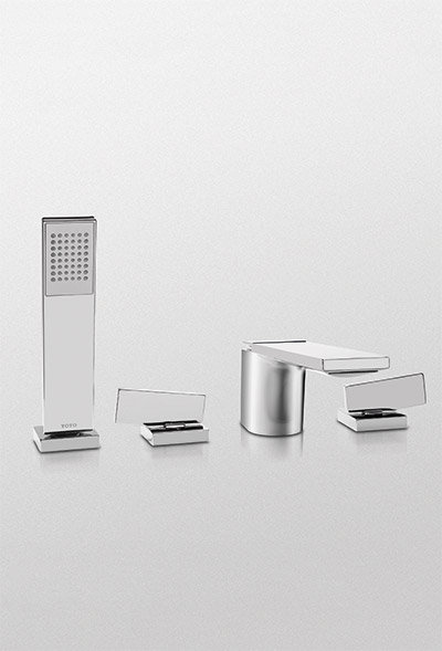Garniture de robinet de baignoire romaine à deux poignées avec douchette à main Legato®, Nickel poli