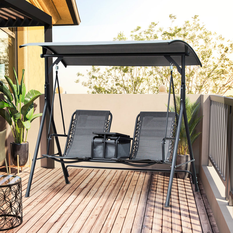 Balancelle de patio grise, 2 avec auvent, table de rangement, porte-gobelet, abat-jour réglable, fabrication en acier, capacité de 528 lb