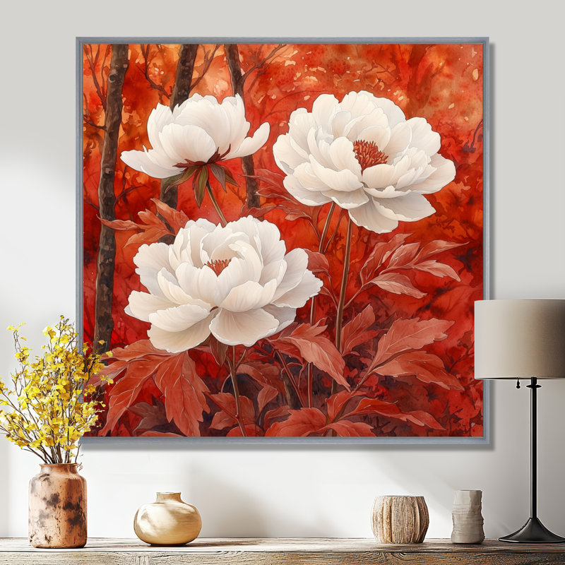 Pivoines et érable rouge - pivoines, art mural, Impression encadrée flottante, Argent argent, H 16 po x l 16 po
