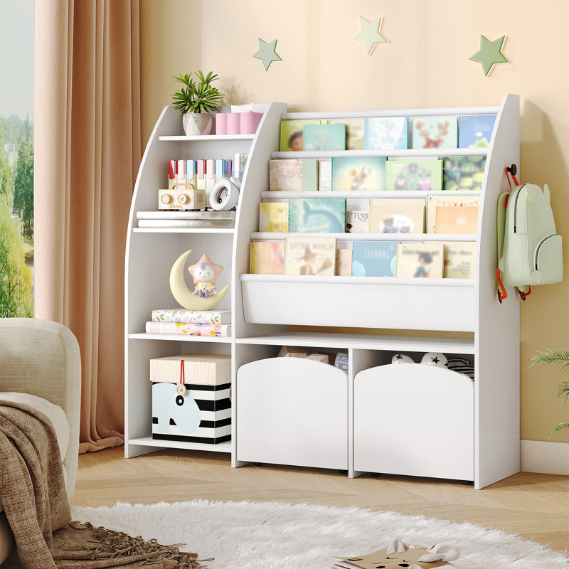 Organisateur de rangement pour jouets, grande bibliothèque l 41 po pour enfants avec 2 bacs de rangement mobiles, présentoir à livres à 4 niveaux pour salle de jeux, chambre à coucher, salle de classe, blanc