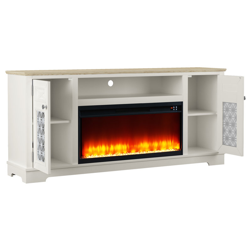 70" Natural Wood Fireplace TV Stand, Manufactured Wood Two-Tone Carved Door Media Console, White/Natural