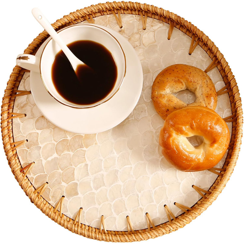 13.8" Rattan Tray With Fish Scale Inlay