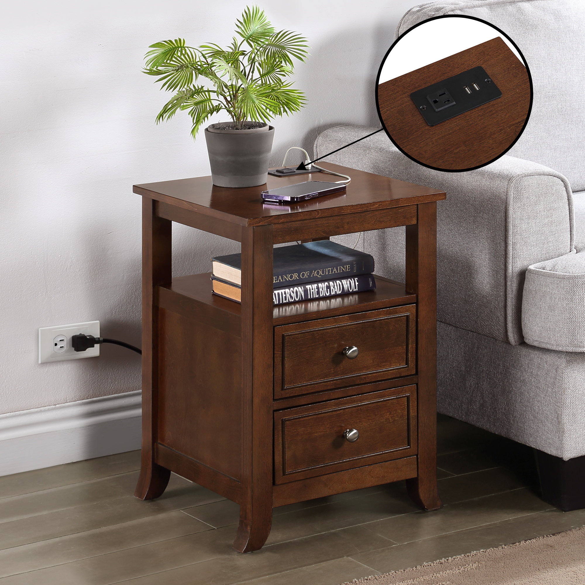 Ashrith 24'' Tall 2 - Drawer End Table with Built-In USB Port Red Barrel Studio Color: Espresso