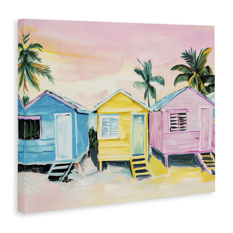 Toile pastel de cabines de plage tropicale, design par Arlington Prints, H 16 po x l 20 po