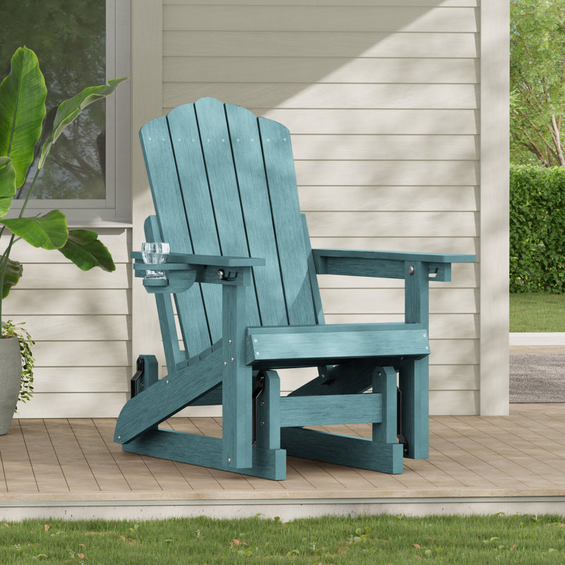 HDPE Glider Adirondack Chair, Wood-Like Glider Rocking Chair, 3-Position Adjustable Fire Pit Chair with Cup Holder for Lawn, Deck, & Poolside