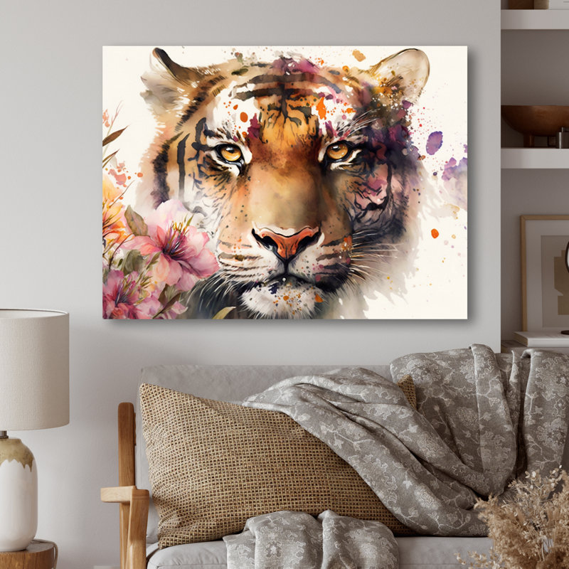 Portrait de tigre avec fleurs I - reproduction sur toile, H 12 po x l 20 po x P 1 po, Toile tendue