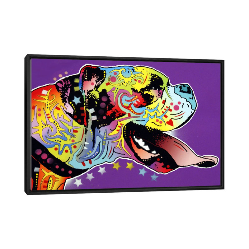 « happy boxergraphic », art sur toile, H 18 po x l 26 po x P 1,5 po, Cadre noir