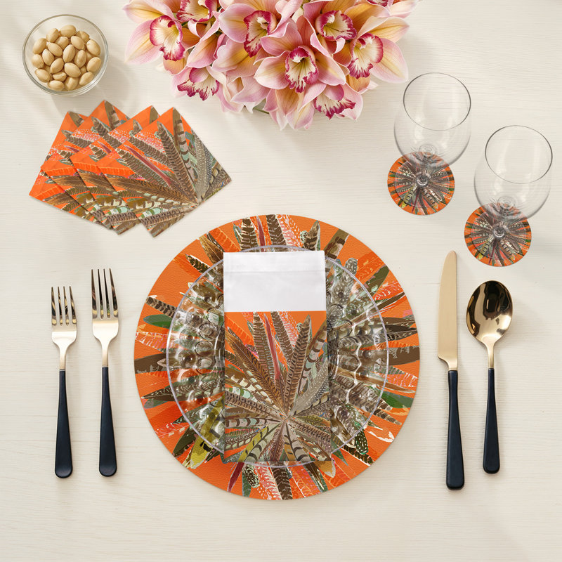 Pheasant Feathers Vegan Leather Round Pebble Placemat, Orange