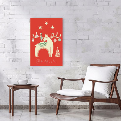 Oh Deer Christmas Is Here Red Bold Minimalist Playful Deer Winter Wall Art Print by Annick - Wrapped Canvas Print