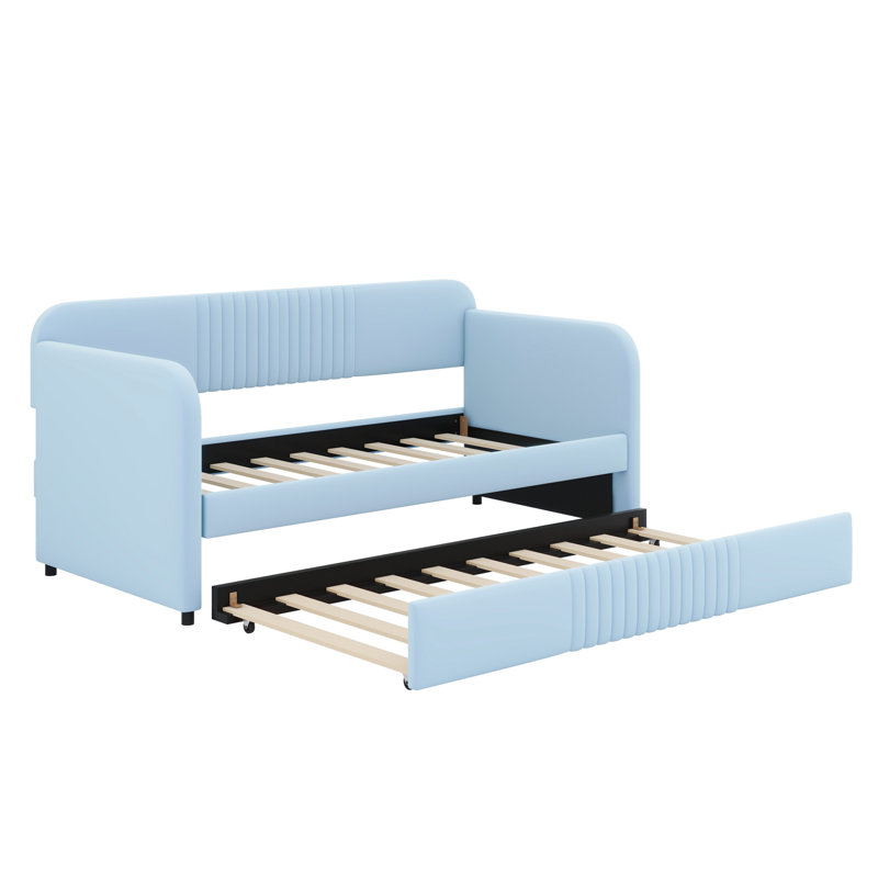 Upholstered Daybed Sofa Bed With Trundle Bed, Light Blue