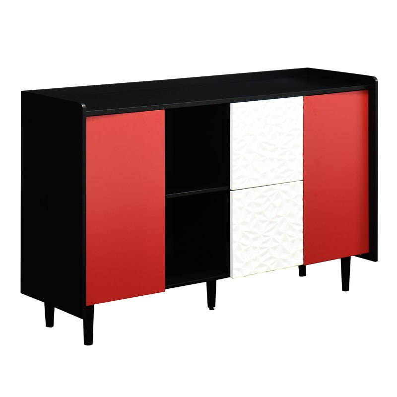 Buffet en noir et rouge pour armoire de rangement élégante avec portes, 2 tiroirs et compartiments ouverts, Black/Red