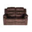 Salon 2 pièces en velours chocolat : fauteuil inclinable avec accoudoirs rembourrés et capitonnage vertical en velours.
