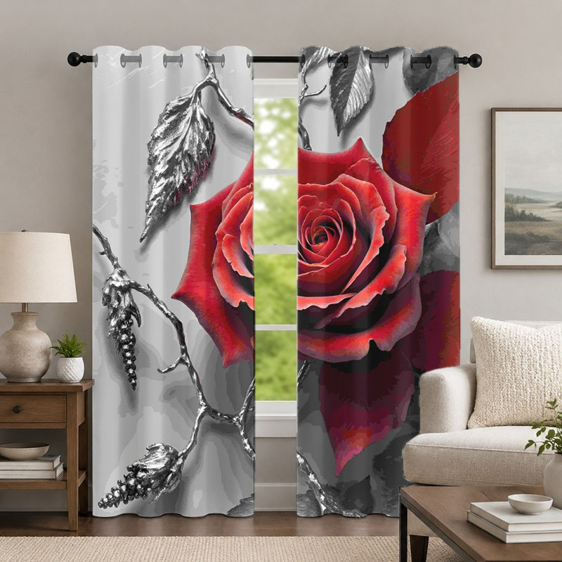 2 pièces de rideaux à imprimé de roses rouges et de feuilles d'argent, rideaux à oeillets à motif floral romantique, habillage de fenêtre à thème botanique artistique pour le décor de la chambre à coucher