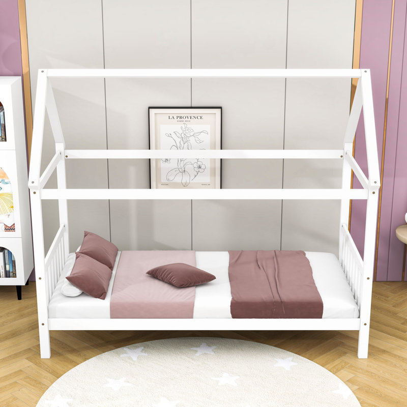 Twin Wooden House-Shaped Bed With Slats, White
