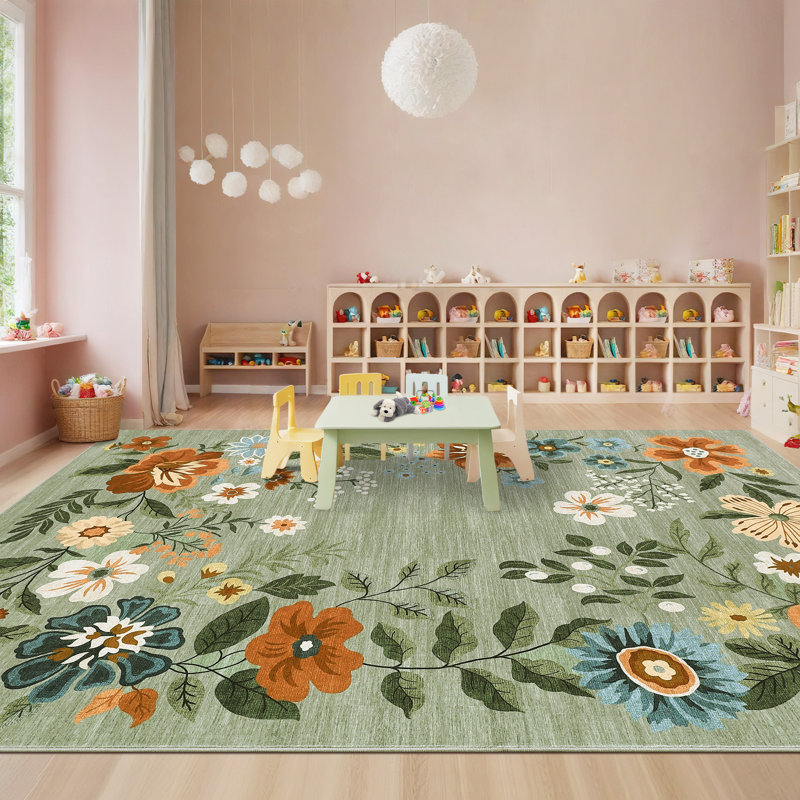 6'x9' Floral Wreath Area Rug, Washable Non Slip Non Shedding Low Pile Stain Resistant Foldable Soft Carpet for Entryway Kitchen Bathroom Green