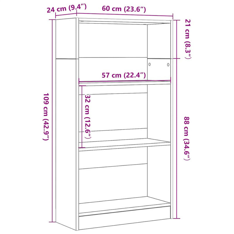 Athema Standard Bookcase, (3 Shelves) 109cmH x 60cmW x 24cmD, Black Oak, 7