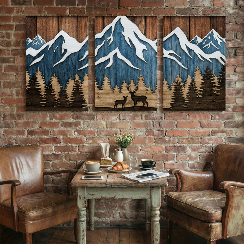 «Landscape & Nature Mountain Forest Deer Reflection Wood», reproduction d'art, H 24 po x l 48 po