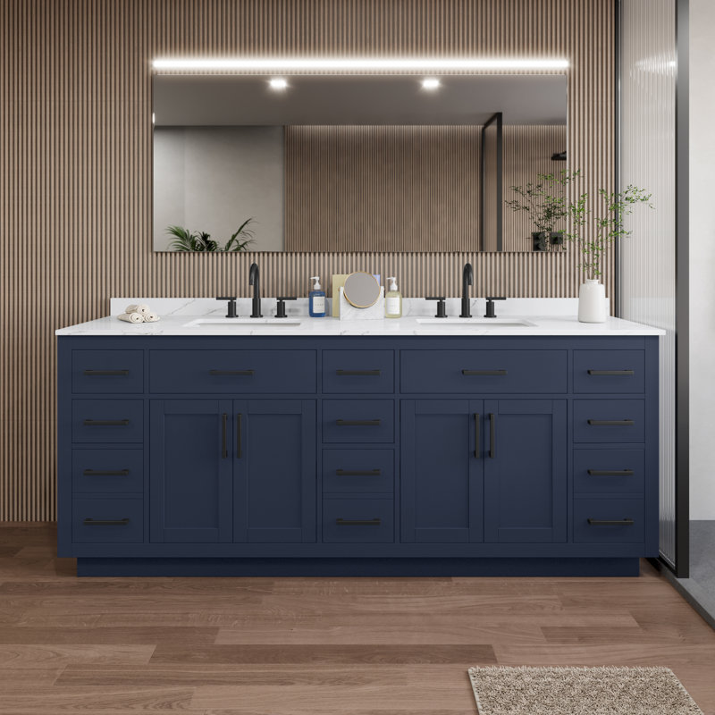Beckett TK 84'' Double Bathroom Vanity with Quartz Top, 8" Center, Matte Black, Blue 