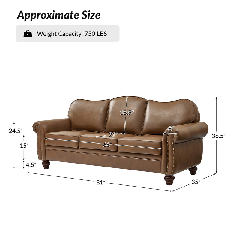 Dielle Transitional 81" Wide Leather Sofa with Solid Wood Legs, Brown