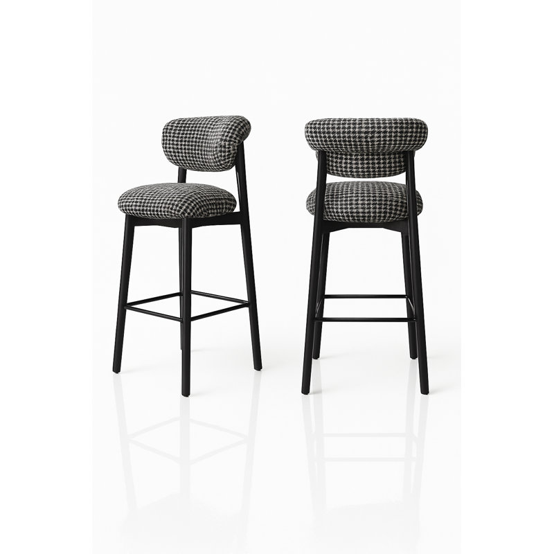 Ensemble de 2 tabourets de comptoir rembourrés avec structure en métal d'aspect bois, dossier roulé, tissu tissé