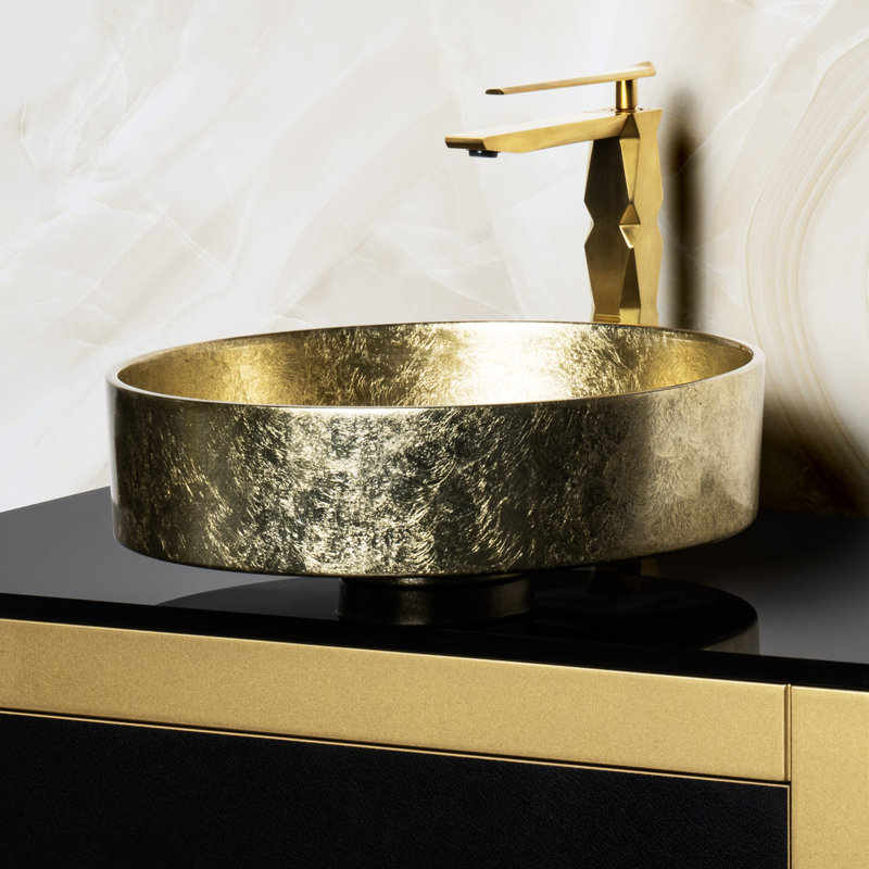 Lavabo de salle de bain vasque circulaire fait à la main Rho, Feuille d'or