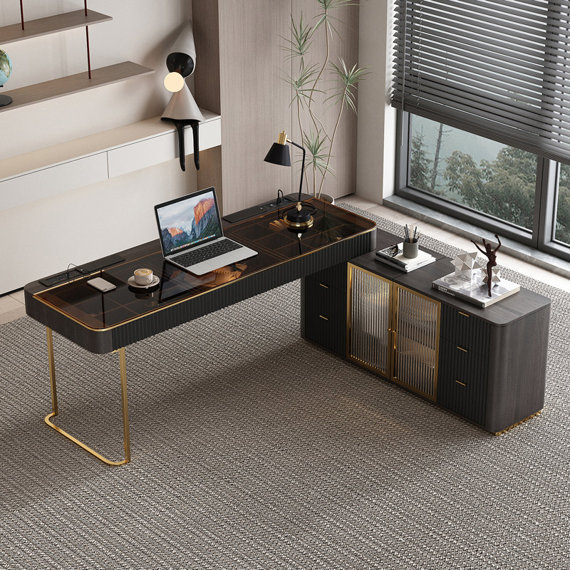 180.3Cm W L-Shaped Executive Desk with Cabinet