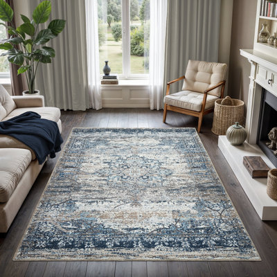 GLN Rugs Collection Vintage - tapis lavable à la machine, tapis lavable rétro, tapis antidérapant, tapis de salon à poils courts, tapis de chambre à coucher, tapis de salle de bain - facile à nettoyer (tapis bleu marine et gris)
