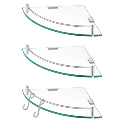 (Paquet de 3) Tablette flottante en verre pour coin de salle de bain avec rail et crochets en nickel