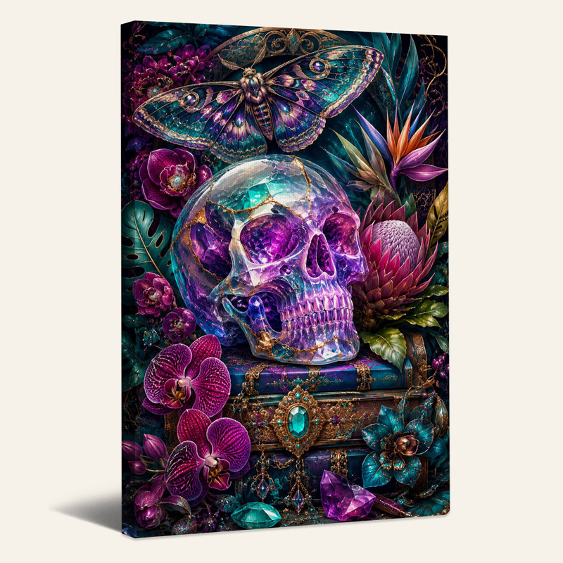 Impression sur toile, crâne de cristal mauve avec papillon de nuit bleu sarcelle et fleurs, H 24 po x l 18 po