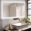 Miroir intelligent 48 x 30 pouces pour salle de bain, appui long pour modifier la luminosité, sélection de couleur courte, fonction de brouillard, compatibilité avec interrupteur mural, verre trempé durable de 5 mm, gradateur pour salle de bain