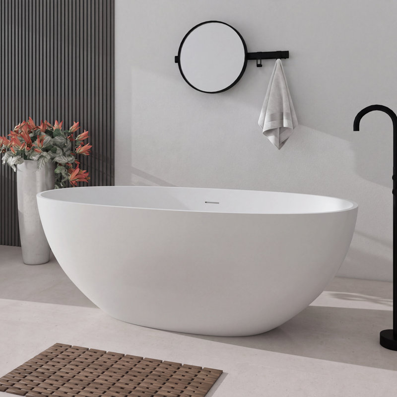 Baignoire autoportante ovale de 61 pouces, baignoire en résine de pierre avec trop-plein et bonde escamotable, blanc mat pour salle de bain moderne
