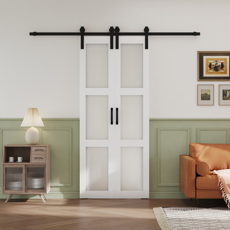 White Frosted Glass and MDF Barn Door with Hardware Kit, 36"W x 84"H