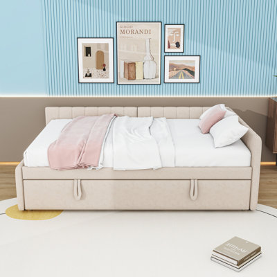 Upholstered Full Wood Daybed with Twin Pop-Up Trundle