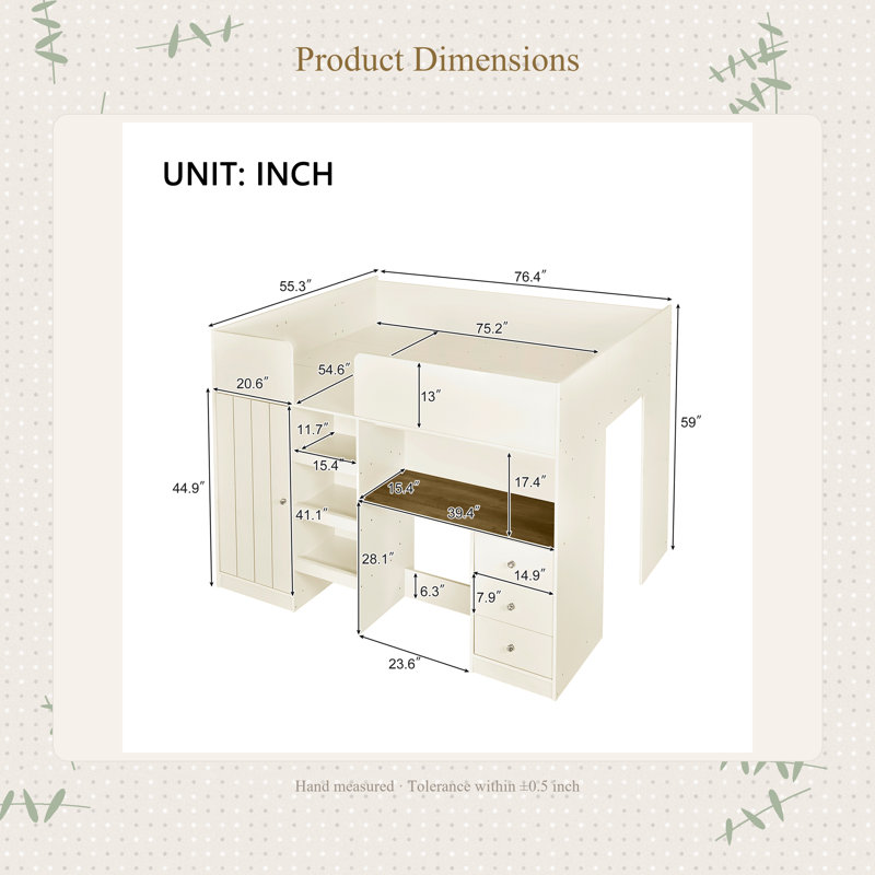 Lit mezzanine double en bois avec garde-robe intégrée, bureau, tablettes de rangement et tiroirs, beige