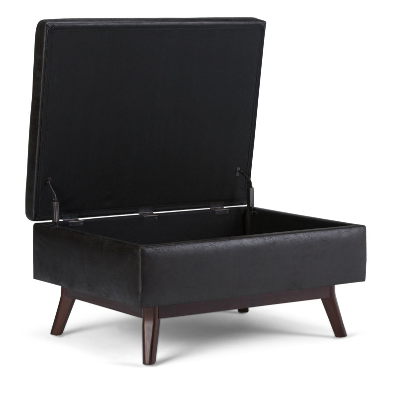 Mid-Century Modern Distressed Black Wood Rectangular Storage Ottoman