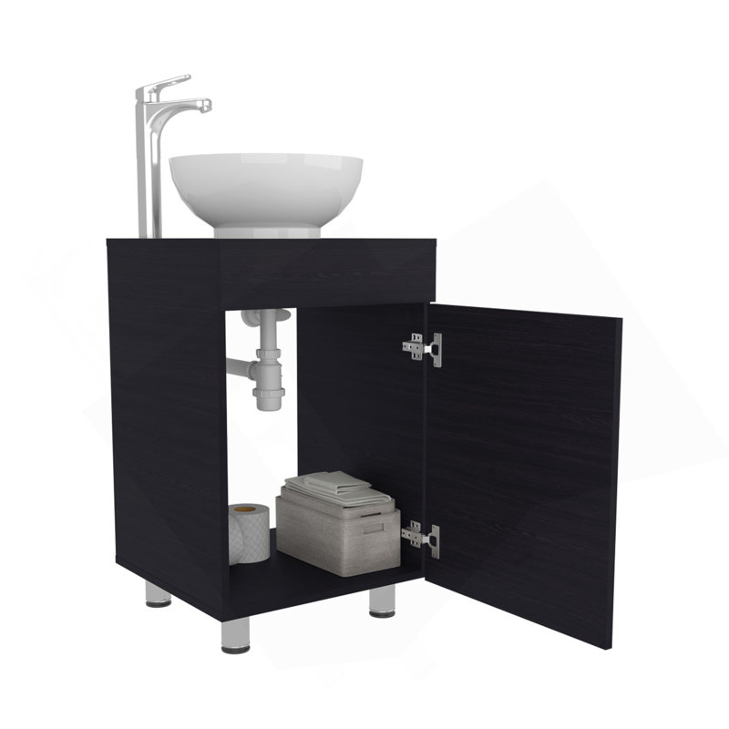 Tacna 18" Wide Free Standing One Door Vanity, With Vessel Porcelain Sink, Bathroom Storage, Black, Black