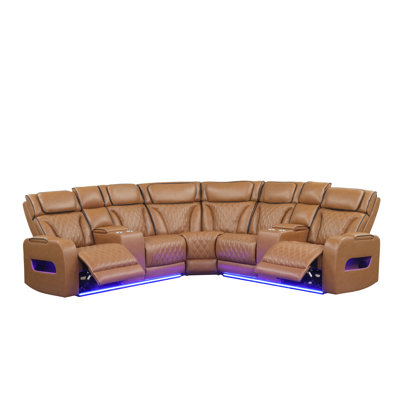 Jazmina 116" Light Brown Leather Aire Transformer Power Reclining Sectional Sofa with Power Headrest, Bluetooth Speakers, LED Lights, USB & USB-C Ports, Storage & Cupholders