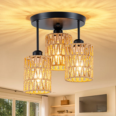 Plafonnier semi-encastré 3 lumières, lustre en rotin Boho Farmhouse, abat-jour en rotin tissé à la main, éclairage de plafond pour cuisine, chambre à coucher, entrée, couloir